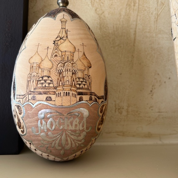 Russian Wooden Egg Other - Handcrafted Tan and Brown Decorative Egg Burned wood